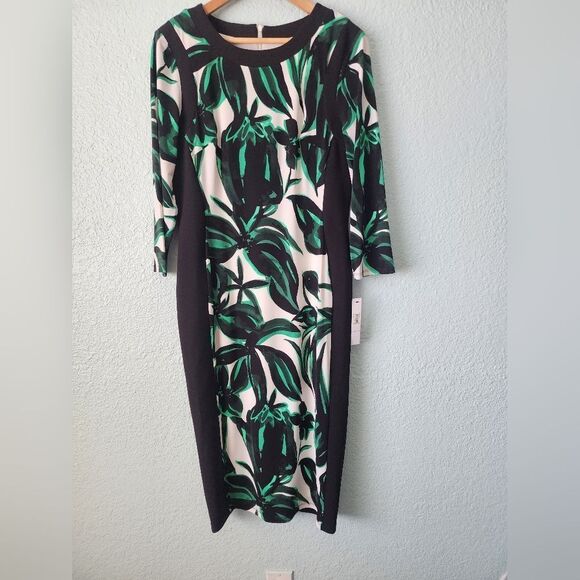 Maggy London Green and Black Sheath Dress with Crew Neck New With Tags - Picture 1 of 13